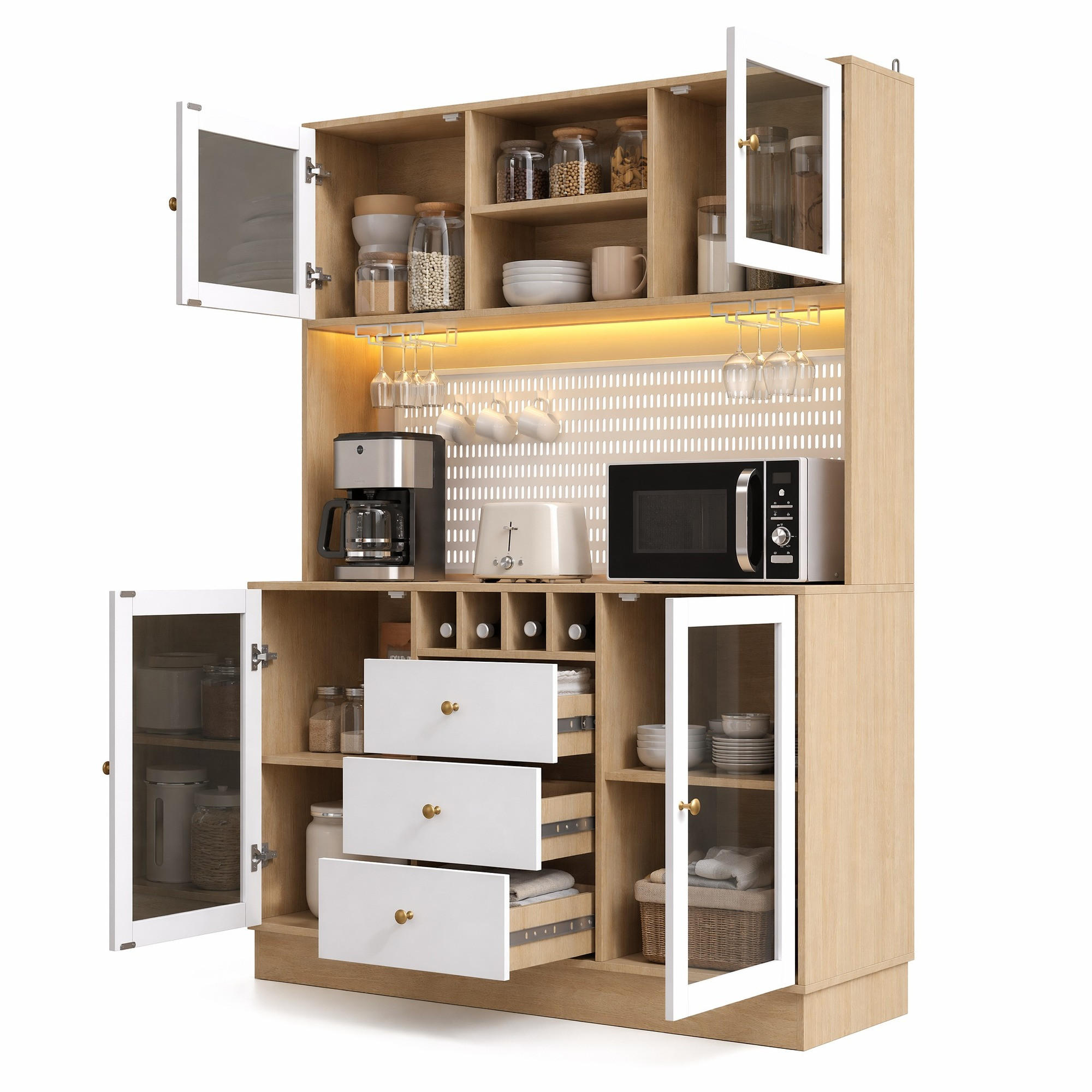 HIGHBOARD in Weiß Küchenschrank mit LED-Lichtleiste und Schubladen für Küche und Wohnzimmer, B140/T40/H185.7 cm - Transparent/Weiß, Glas/Holzwerkstoff (140/185.7/40cm) - STILVORA