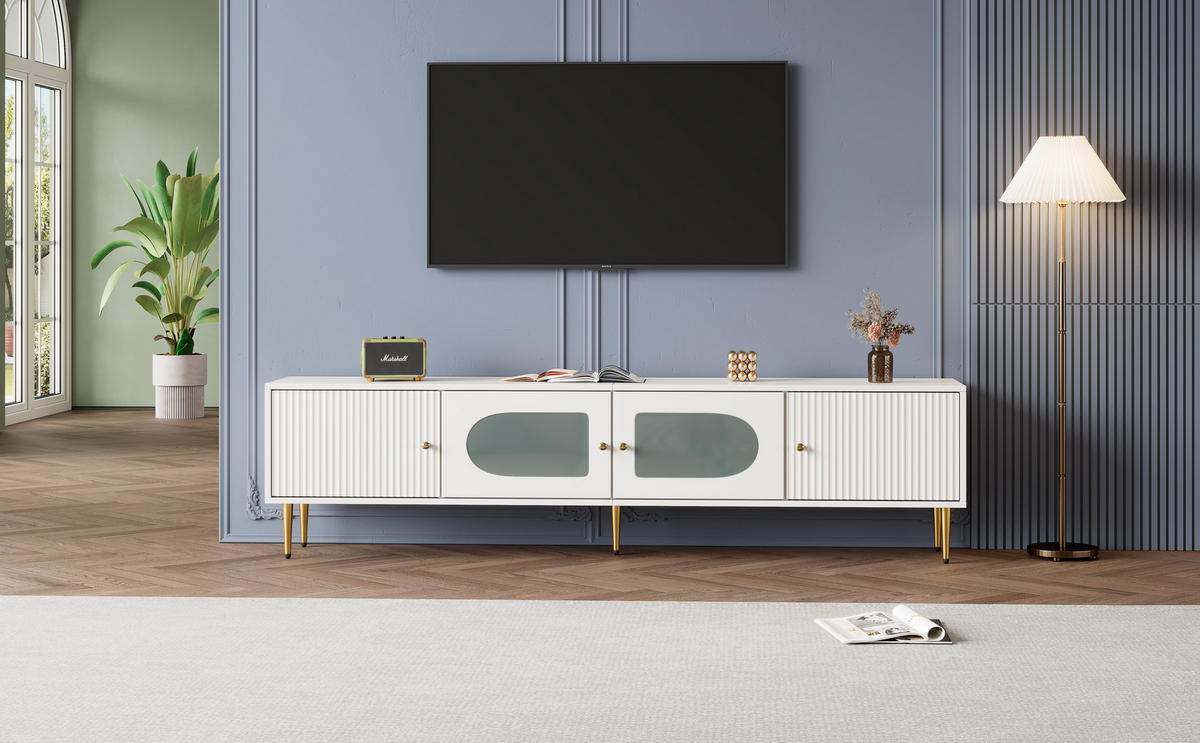 LOWBOARD mit Glasfüßen, Glasregalen und frosted Glastüren - Weiß, Glas/Holzwerkstoff (170/50/35cm) - Urban Meuble