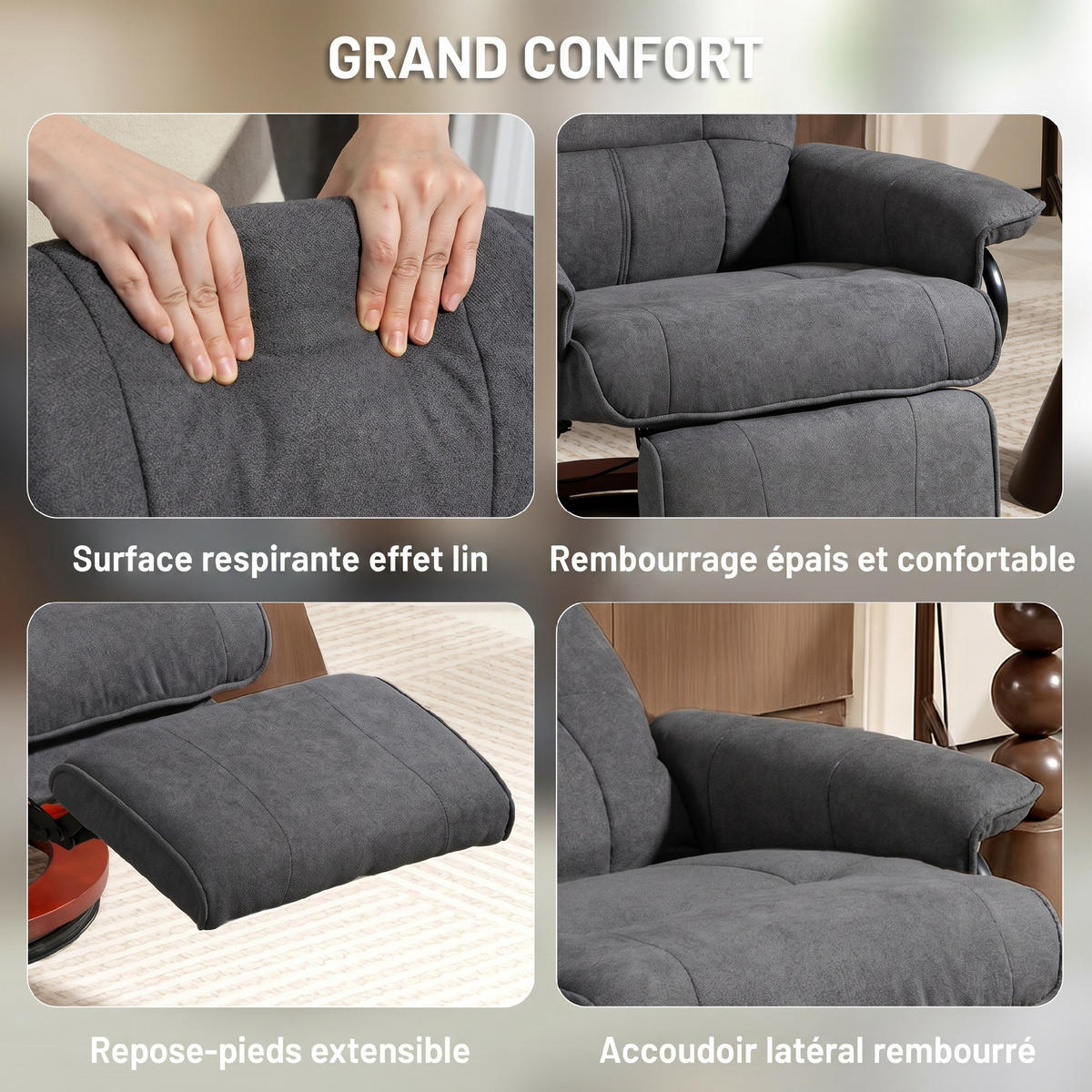 RELAXSESSEL,360° schwenkbar Leinenoptik Holzfuß Fußstütze,grau - Grau, Textil (87/100/78cm) - Vallsero