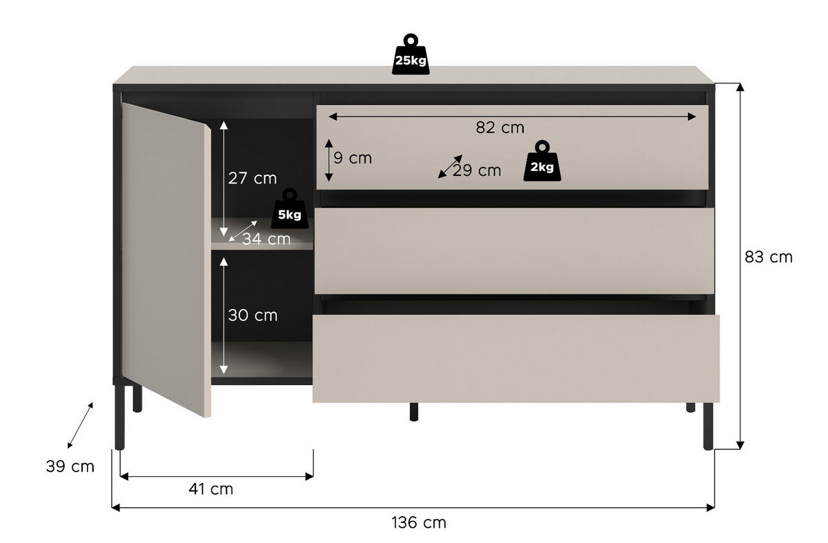 SIDEBOARD Sand / Kaschmir mit Schwarz, Kommode mit 3 Vollauszug-Schubkästen 163 x 83 cm - Sandfarben/Kaschmir, Holzwerkstoff/Metall (136/83/38cm) - Inn.Furn
