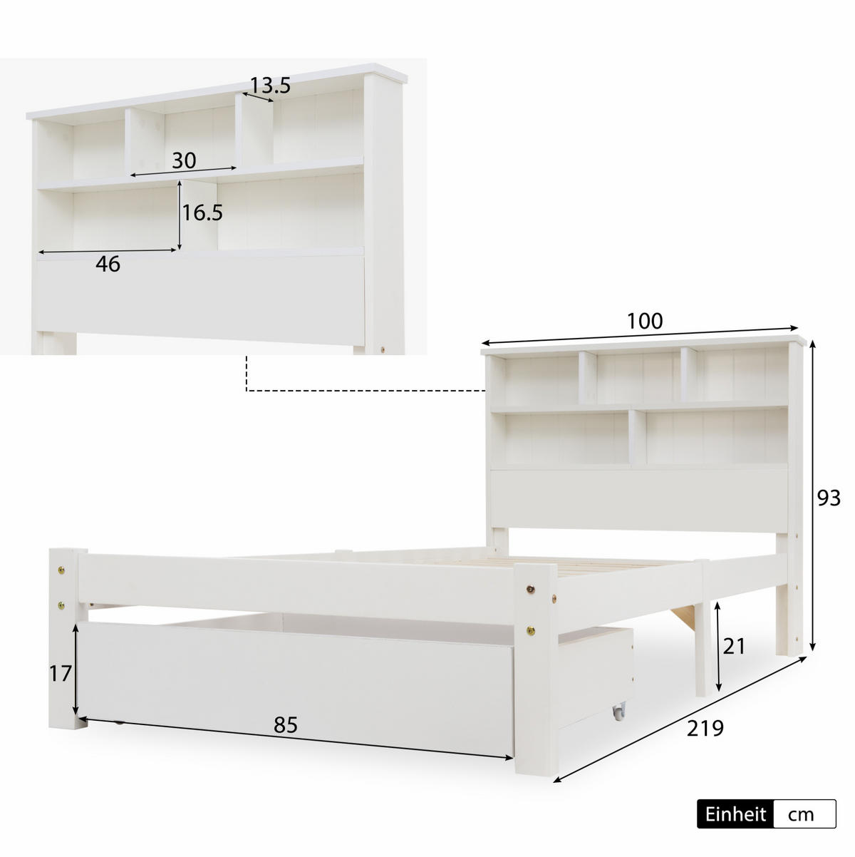 BETT 90/200 cm in Weiß mit Bücherregal-Kopfteil und Schubladen aus Massivholz - Weiß, Holz (90/200cm) - BEAOK