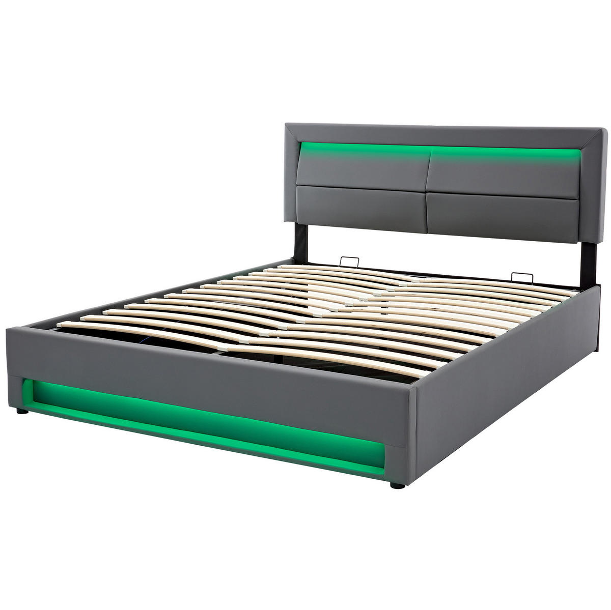 POLSTERBETT 160/200 cm mit LED-Beleuchtung, USB-Ladefunktion und Stauraum - Grau, Kunststoff (160/200cm) - BEAOK
