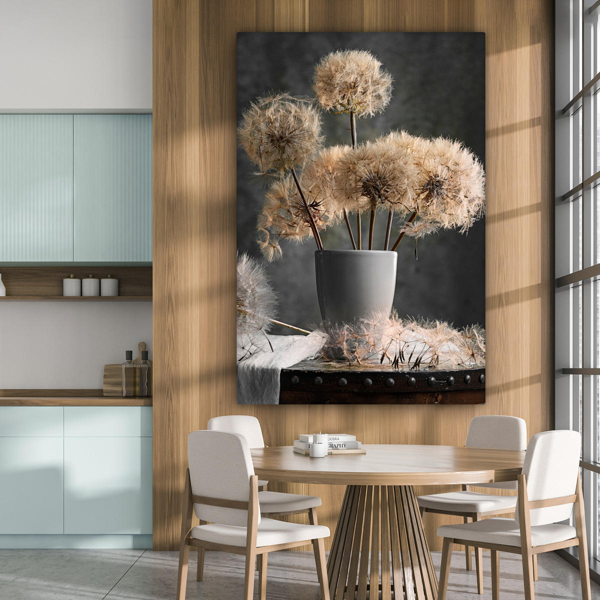 LEINWANDBILD Blumensamen - Löwenzahn - Vase - Stilleben - Blumenstrauß Deko Groß 90x140 cm - Dunkelgrau, Textil (90/140cm) - MuchoWow