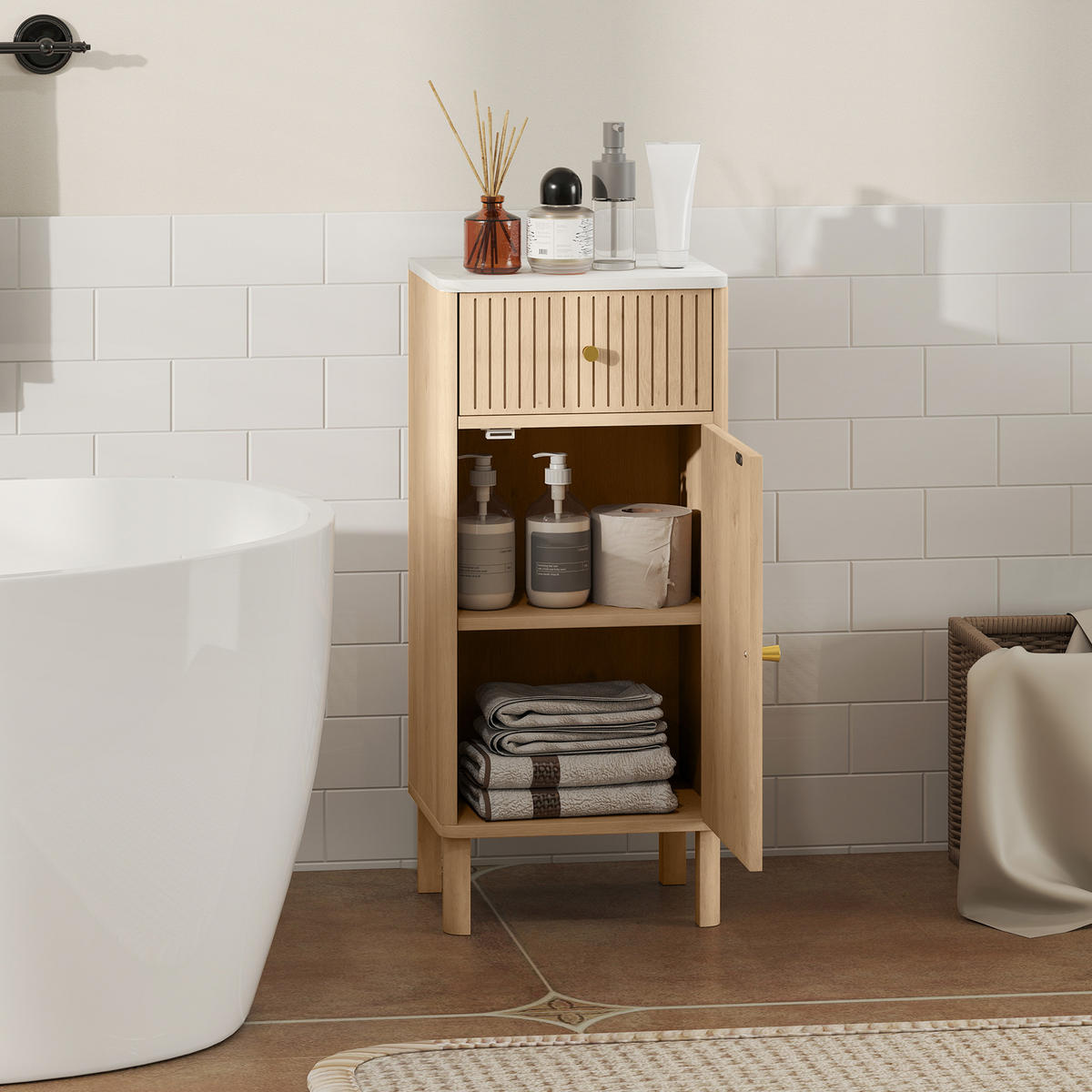 BADEZIMMERSCHRANK Eichefarben und Marmor-Optik 36/30/80 cm - Eichefarben, Holzwerkstoff (36/80/30cm) - PANGIVO