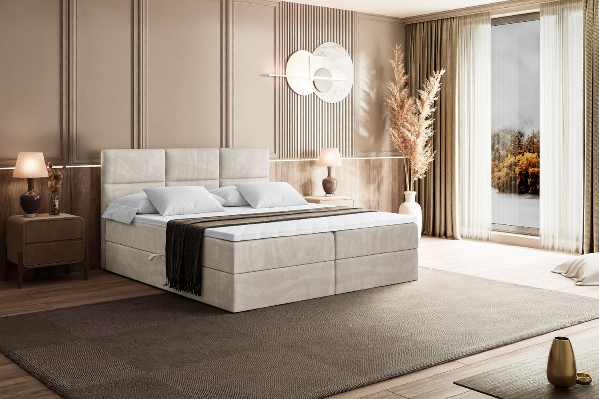 BOXBETT mit Matratze H4 und Lattenrost - OHIO - 200x200 cm - H4 - Ecru - Ecru, Holzwerkstoff (200/200cm) - ALTDECOR