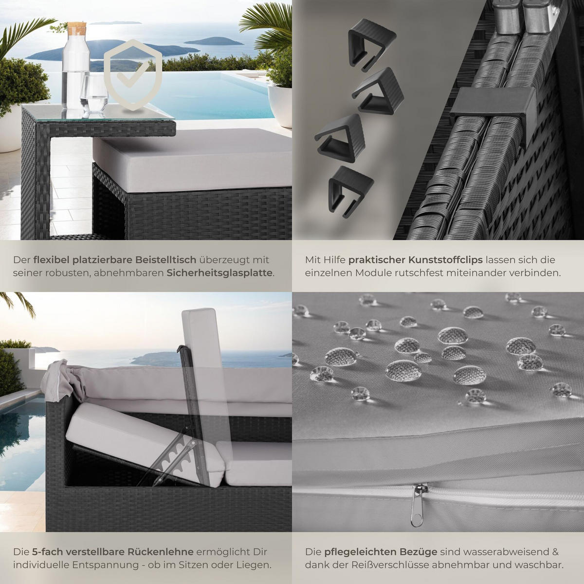 ALUMINIUM RATTANLOUNGE San Marino, mit klappbarem Sonnenschutz, schwarz - Schwarz, Kunststoff (68/131/199cm) - tectake