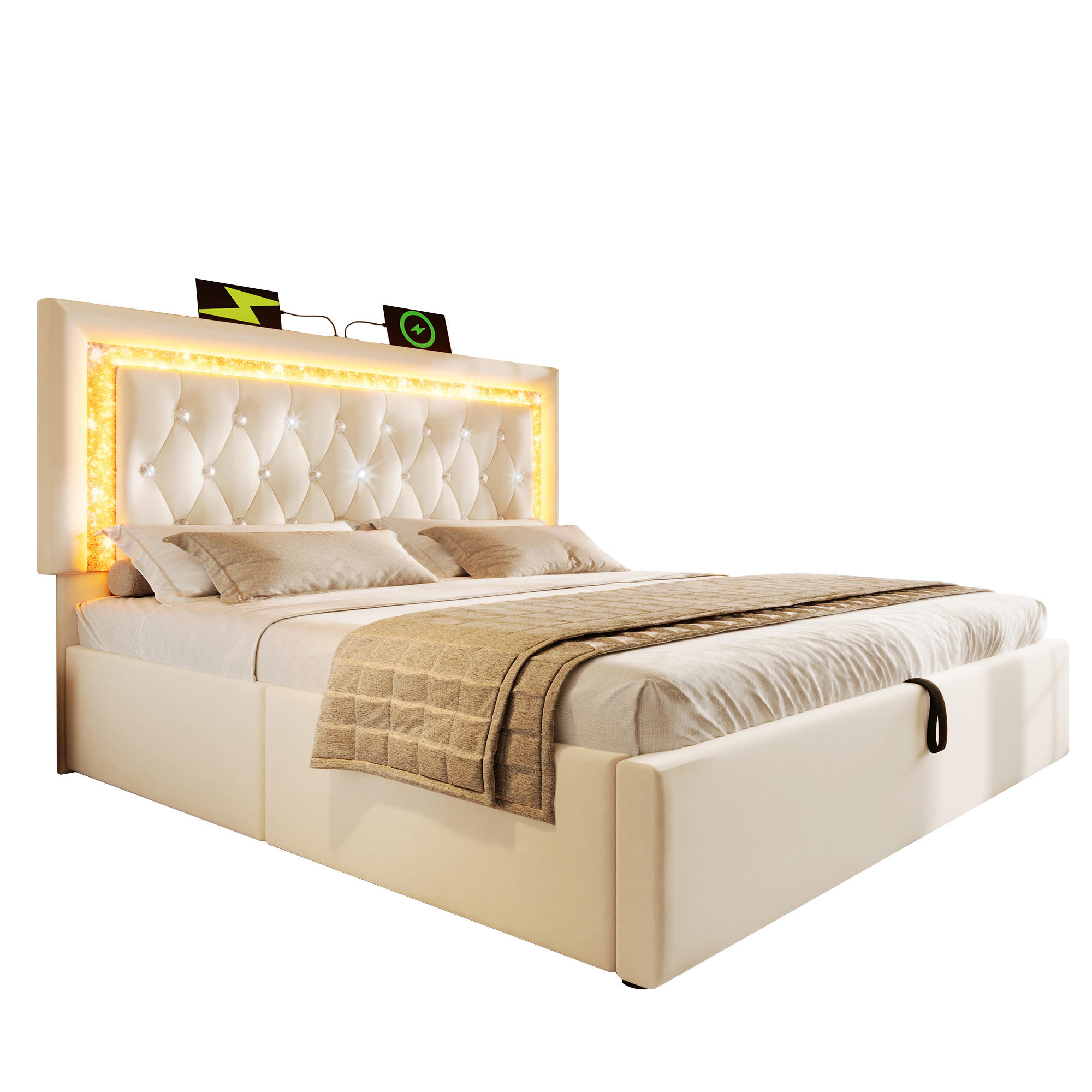 POLSTERBETT 160/200 cm Beige mit LED-Beleuchtung und Stauraum aus Samt - Beige, Textil (160/200cm) - OKWISH