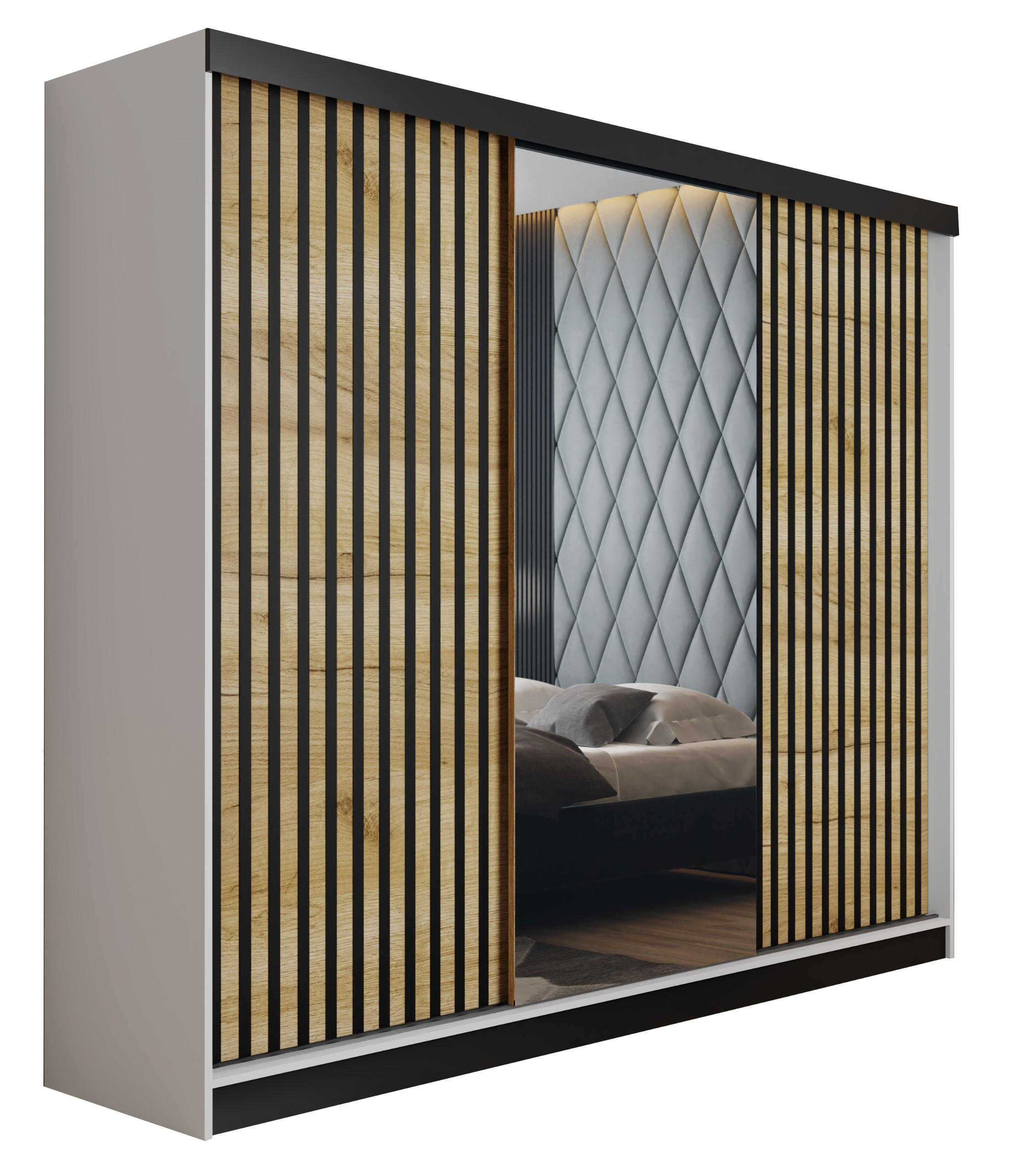 Kier Furniture POSUVNÁ ŠATNÍ SKŘÍŇ MALANI - Bílá a Dub Craft 200x205x59 cm