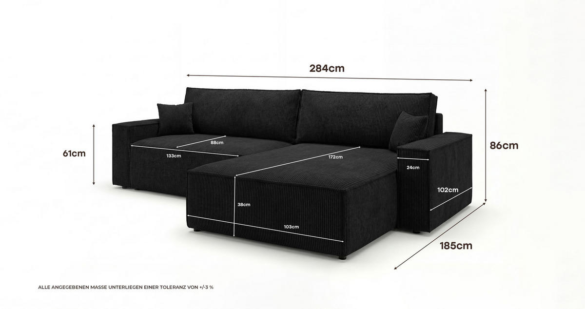 ECKSOFA VIENNA links schwarz Cord Poso 135 - Schlaffunktion, Bettkasten - Schwarz, Textil (285/185cm) - Cornero