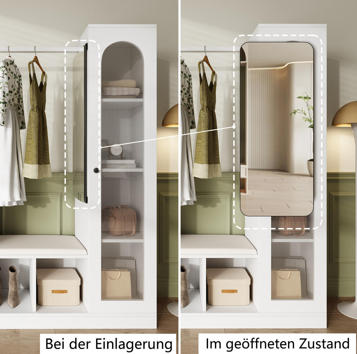 GARDEROBENSET 163/50/161 cm mit LED-Beleuchtung, Schuhbank, Vitrine und schwenkbarem Spiegel, Weiß - Weiß, Holzwerkstoff (163/161/35cm) - Redom