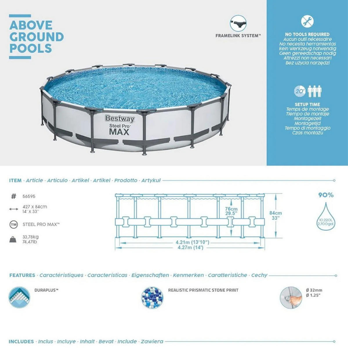 POOL SET Steel Pro MAX Lichtgrau Ø427 × 84 cm Rund Stahlrahmenpool mit Filterpumpe Familienpool Garten - Hellgrau, Kunststoff (427/84/427cm) - Bestway