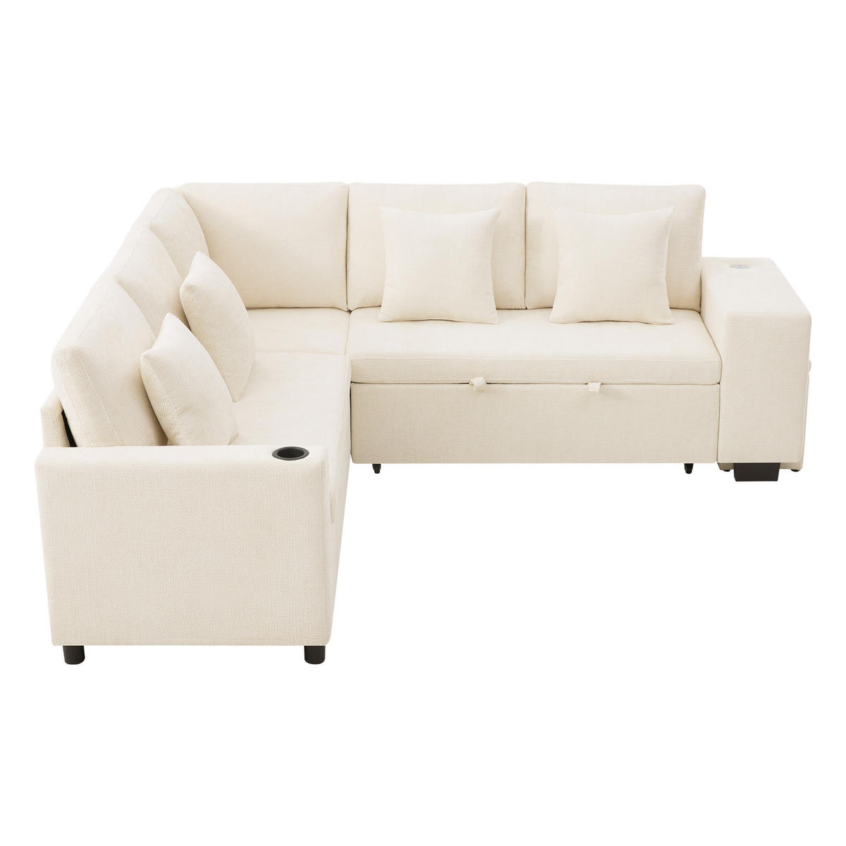 ECKSCHLAFSOFA Chenille Beige mit Stauraum, USB, USB-C und mit Hocker - Beige, Holzwerkstoff/Kunststoff (213/184cm) - WISHDOR