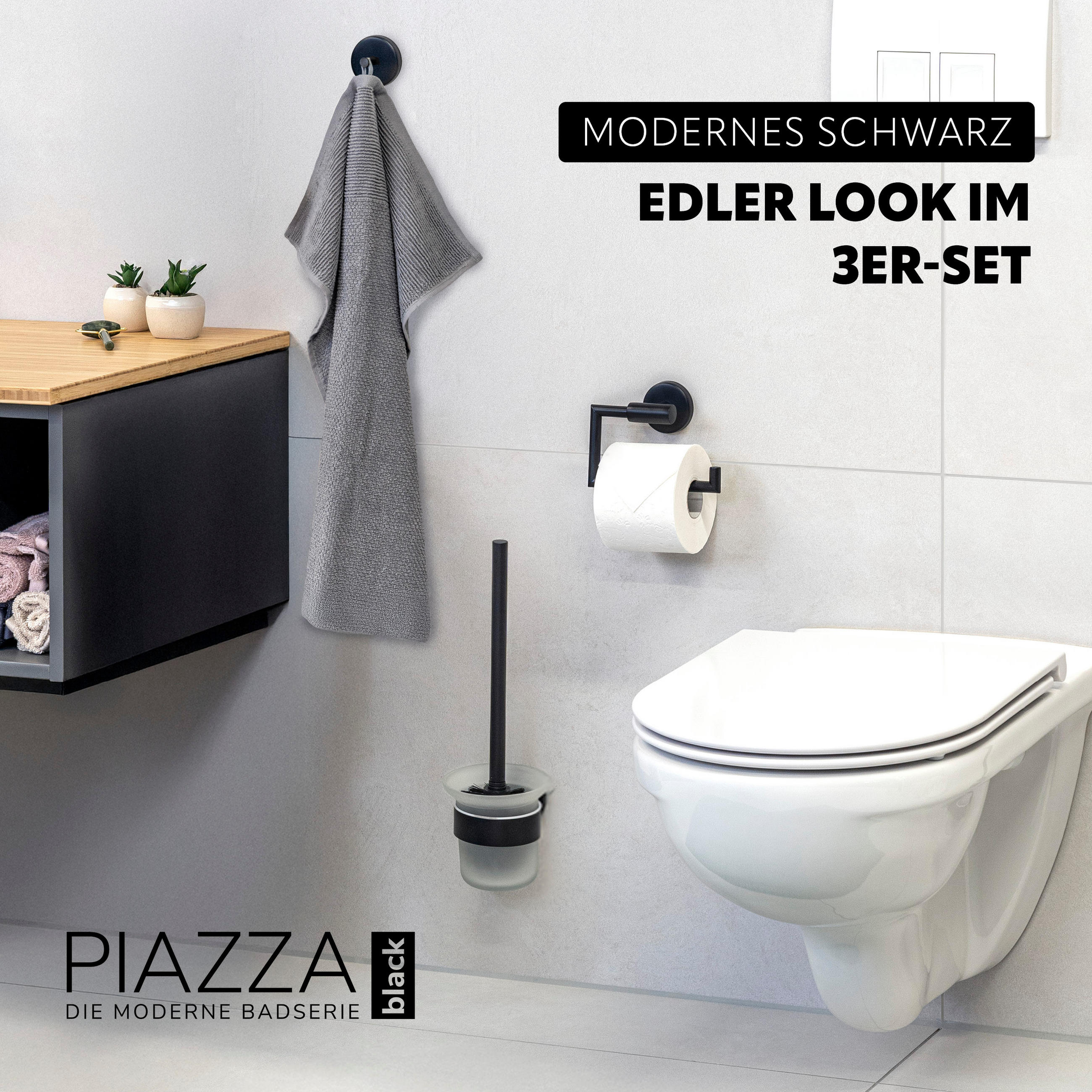 BADEZIMMER-ZUBEHÖR-SET PIAZZA BLACK 3tlg, Edelstahl, schwarz - Schwarz, Metall (14.5/35/11cm) - bremermann