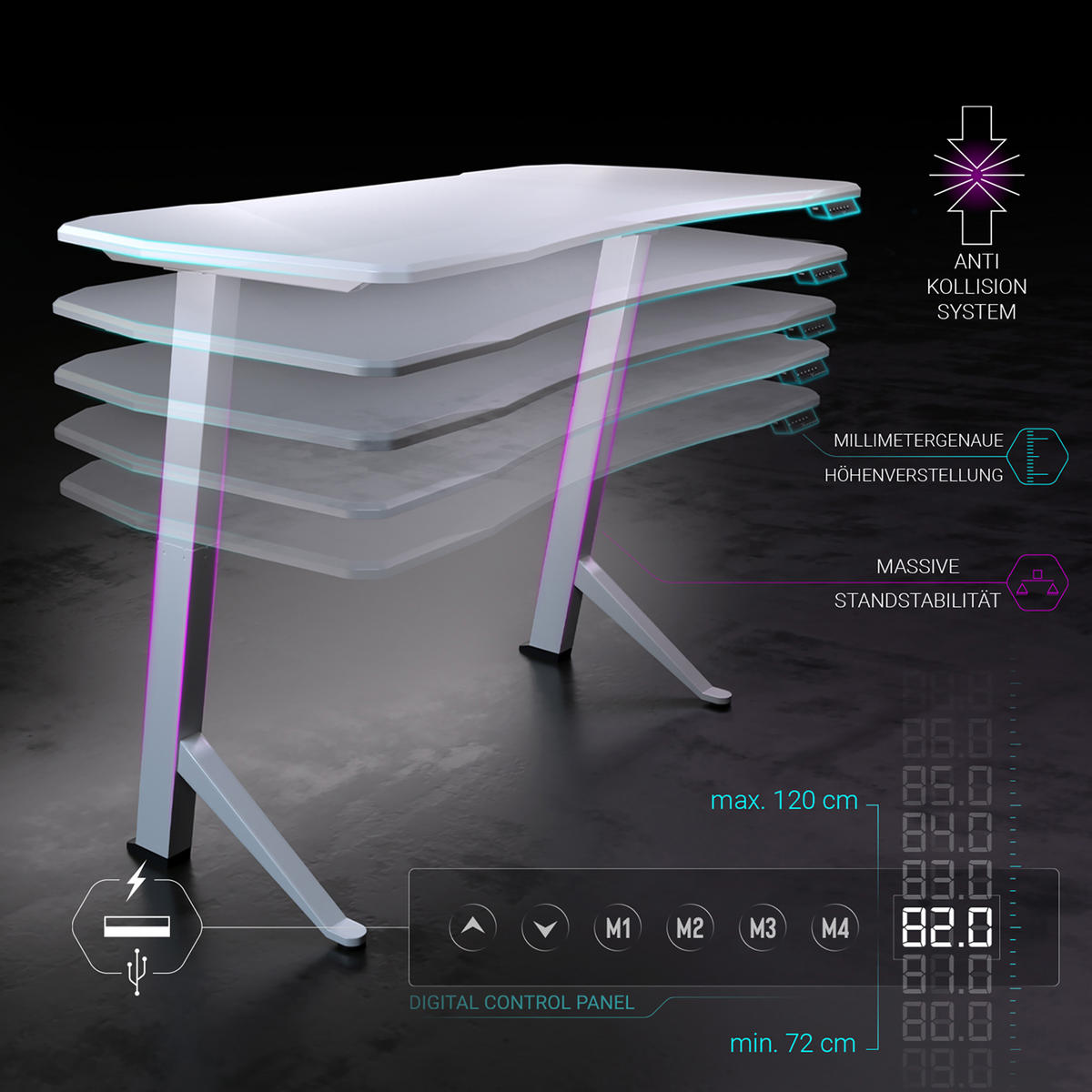GAMING Tisch höhenverstellbar elektrisch 180x80 cm, Weiß - Weiß, Kunststoff (180/80/120cm) - Ultimate Setup