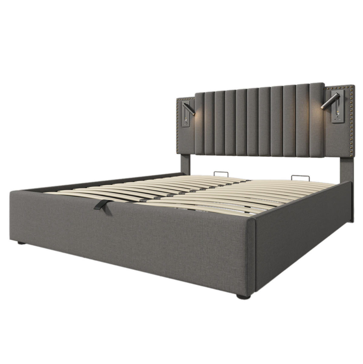 POLSTERBETT 180/200 cm mit Bettkasten, Leselicht und USB-C in Grau - Grau, Textil (180/200cm) - BEAOK