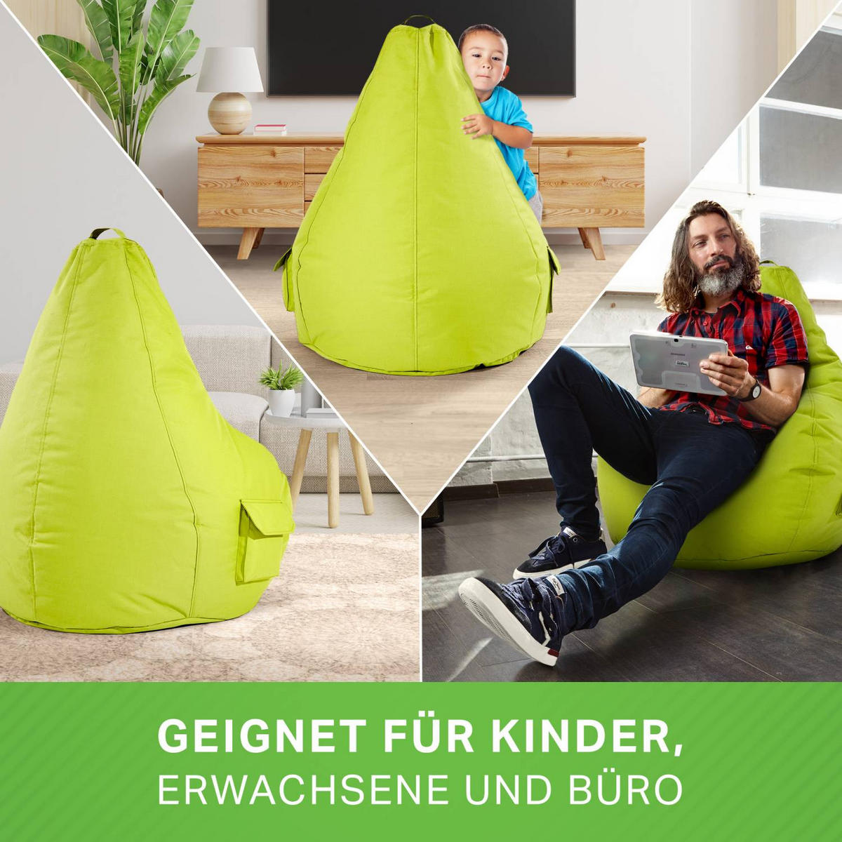 SITZSACK + Hocker "Cozy+Cube" 2er Set - Hellgrün, Textil (70/90/80cm) - Green Bean
