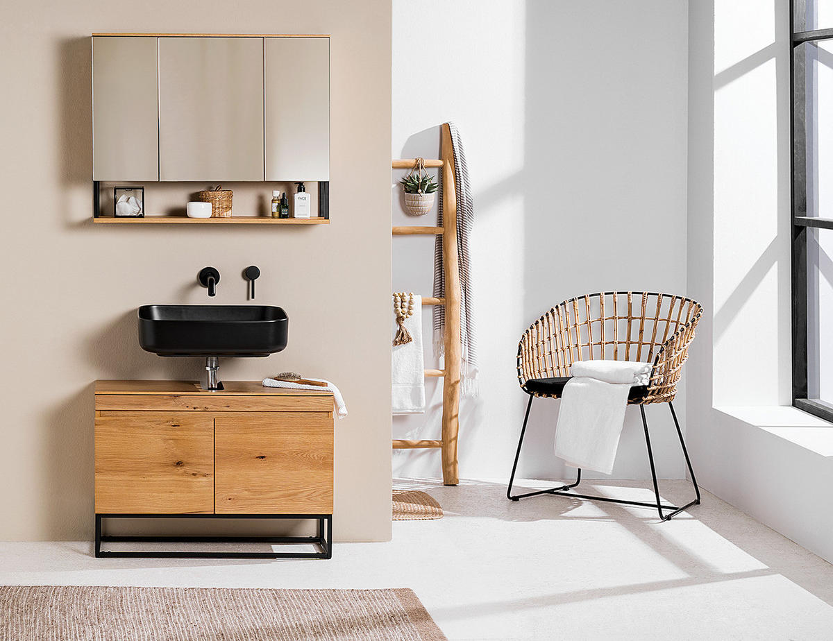 WASCHBECKENUNTERSCHRANK - Echtholzfurnier / Eisen, Eiche / Schwarz - Eichefarben, Holzwerkstoff (80/57/30cm) - home24