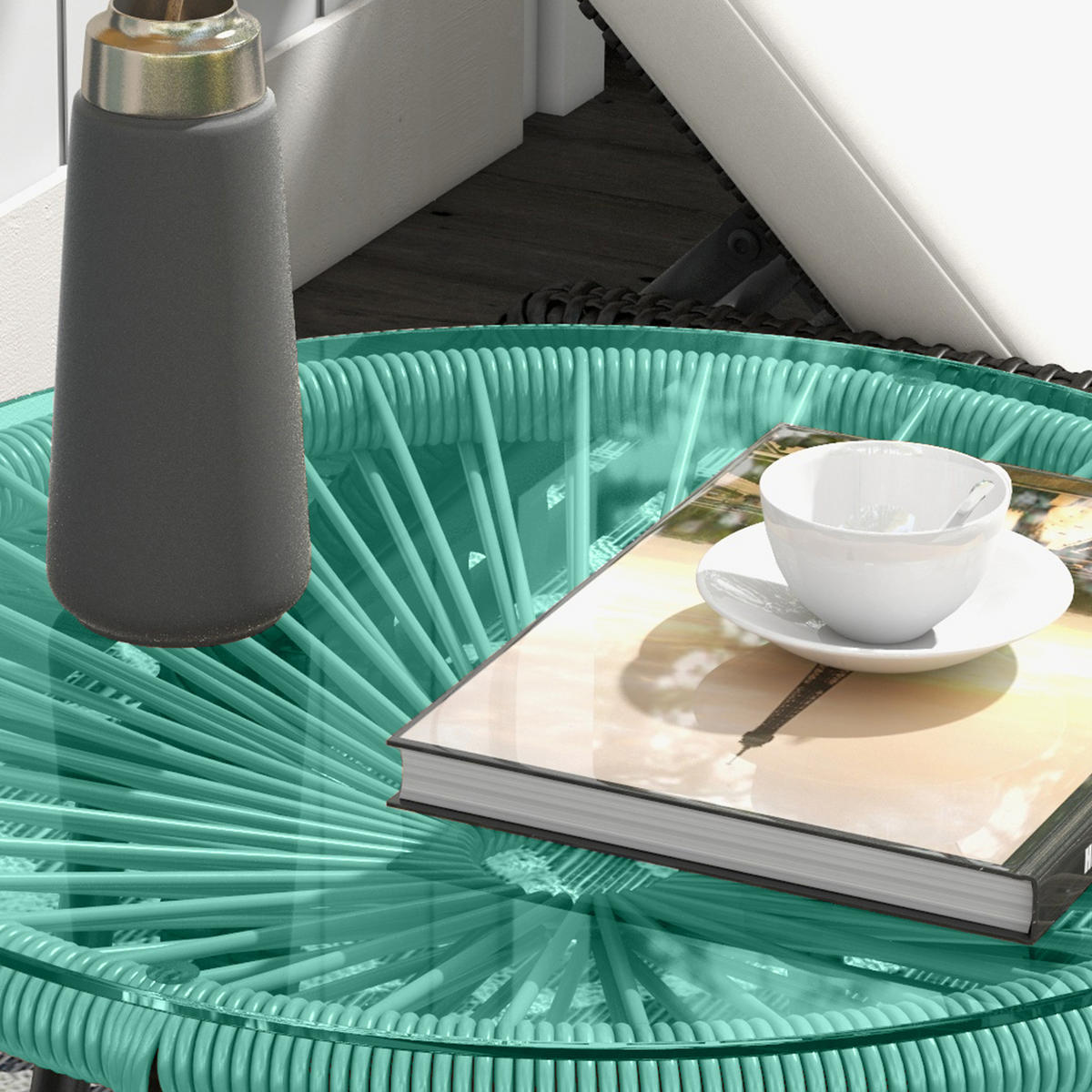 GARTENBEISTELLTISCH DE-13584 rund mit Glasplatte, PE-Rattanoptik Natur - Grün, Metall (50/50/50cm) - ComfortXL