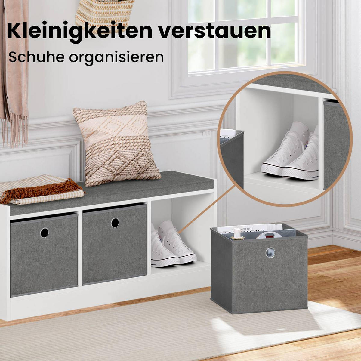 SITZBANK mit 3 Stoffschubladen, Weiß Grau - Weiß/Grau, Holzwerkstoff/Kunststoff (102/45.5/32cm) - Woltu