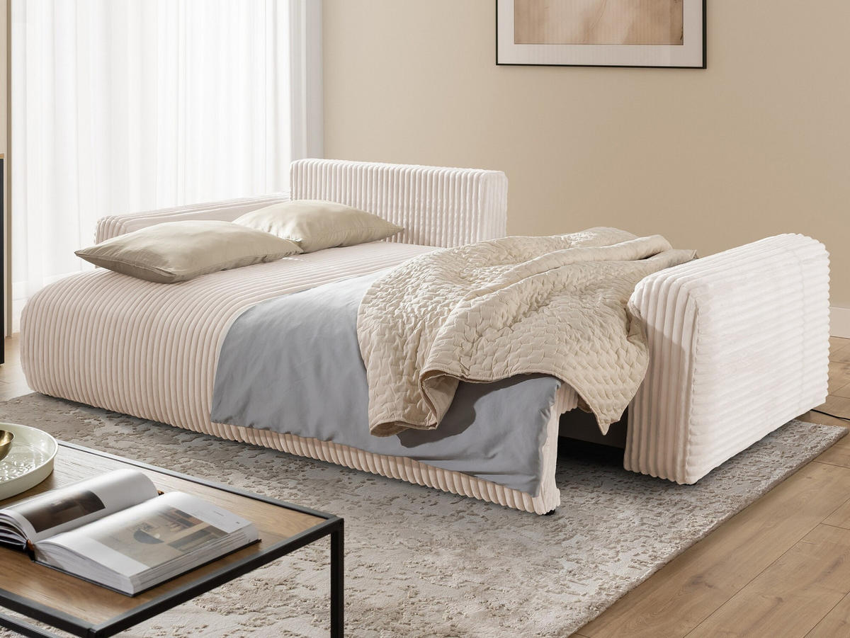 ECKSOFA Calma mit Schlaffunktion und Bettkasten im Bumpy-Design aus weichem Hellbeige Plüschcord - Ottomane links - Beige/Schwarz, Holz/Kunststoff (239/140cm) - S-Style