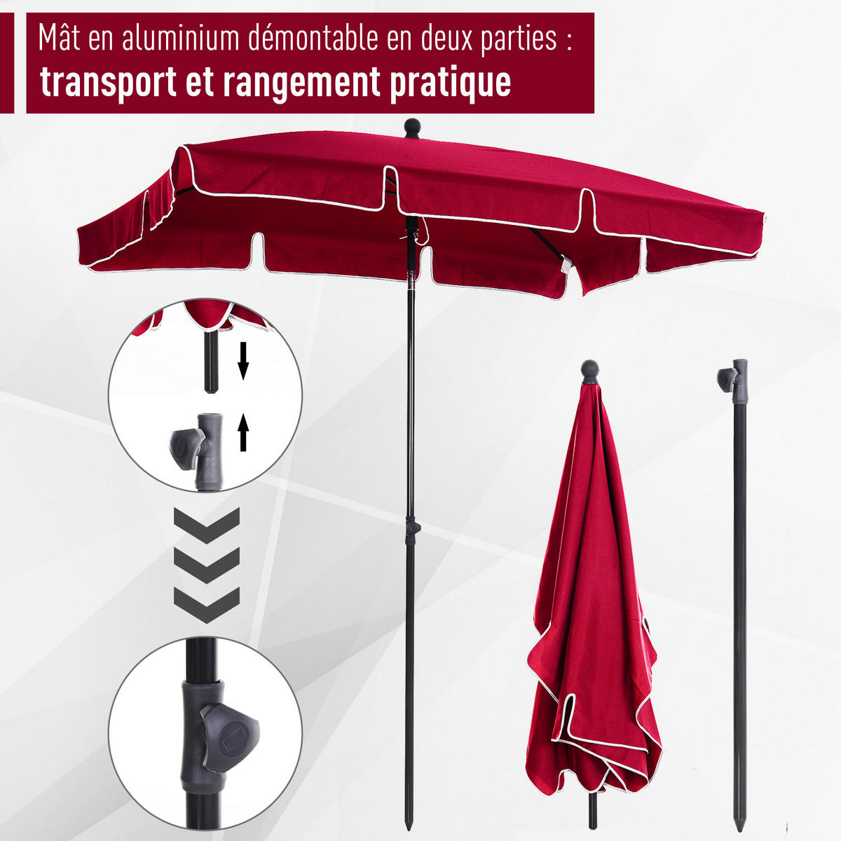 SONNENSCHIRM DE-11354 rechteckig, neigbar, 2 x 1,3 m Rot - Rot, Metall (130/198cm) - ComfortXL