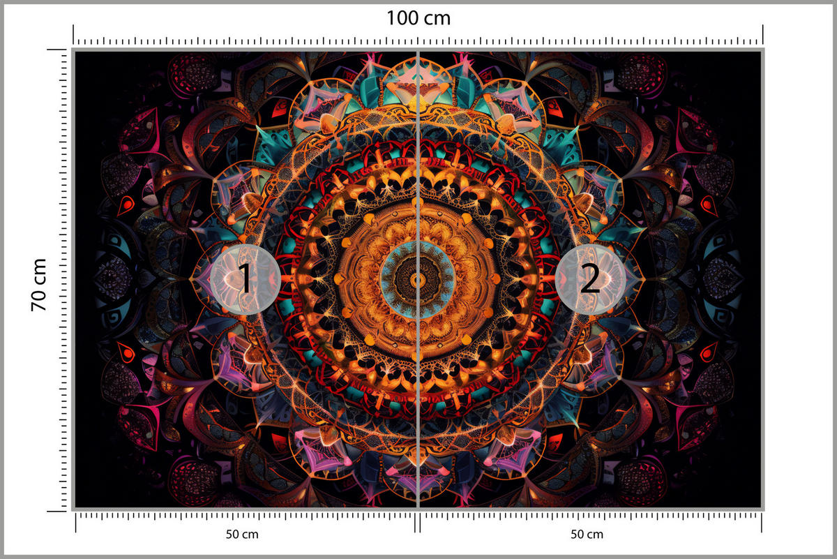 FOTOTAPETE für Schlafzimmer Bunte Mandala Vintage Orientalisch Harmonisch 100x70 - Gelb/Rot, Papier (100/70cm) - Muralo