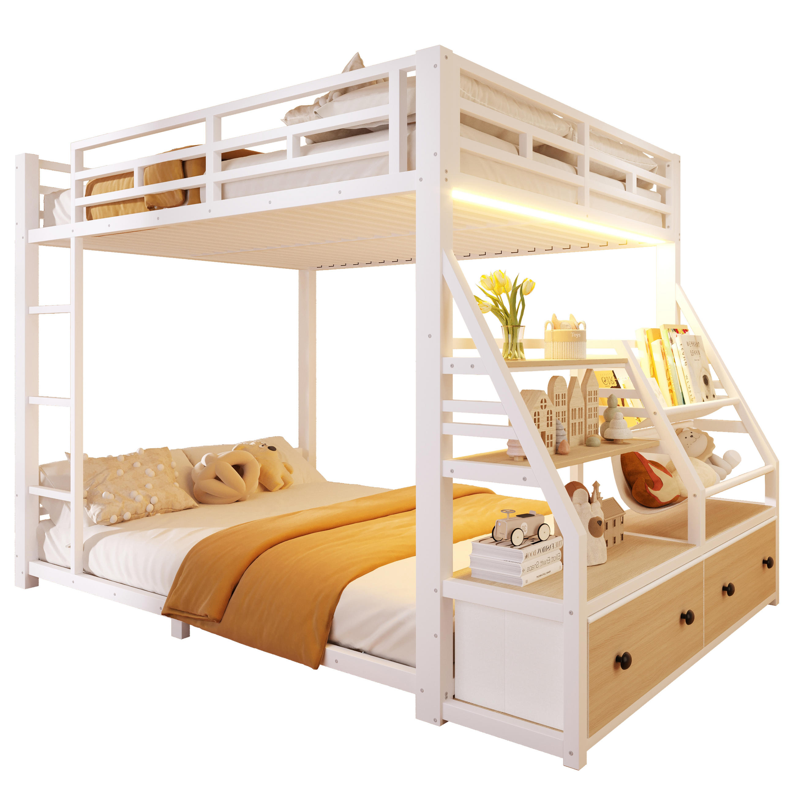 ETAGENBETT 140x200cm mit LED-Beleuchtung, mit 2 Stoffschubladen, Weiß - Weiß, Metall (140/200cm) - KOMHTOM
