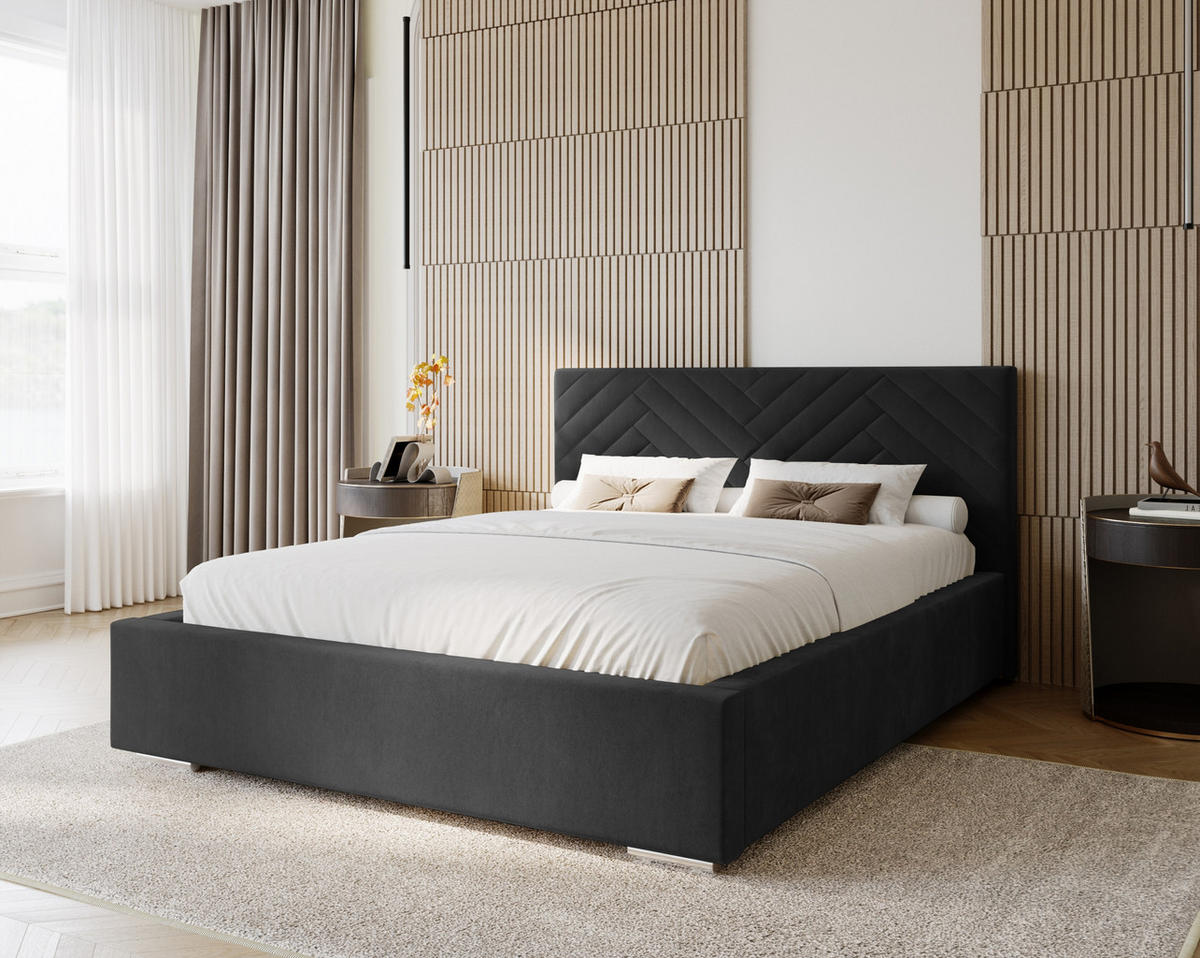 POLSTERBETT Aura 160x200 cm, Doppelbett mit Bettkasten und Lattenrost aus Holz, Velourstoff: Schwarz - Schwarz, Holz/Textil (160/200cm) - Marpur