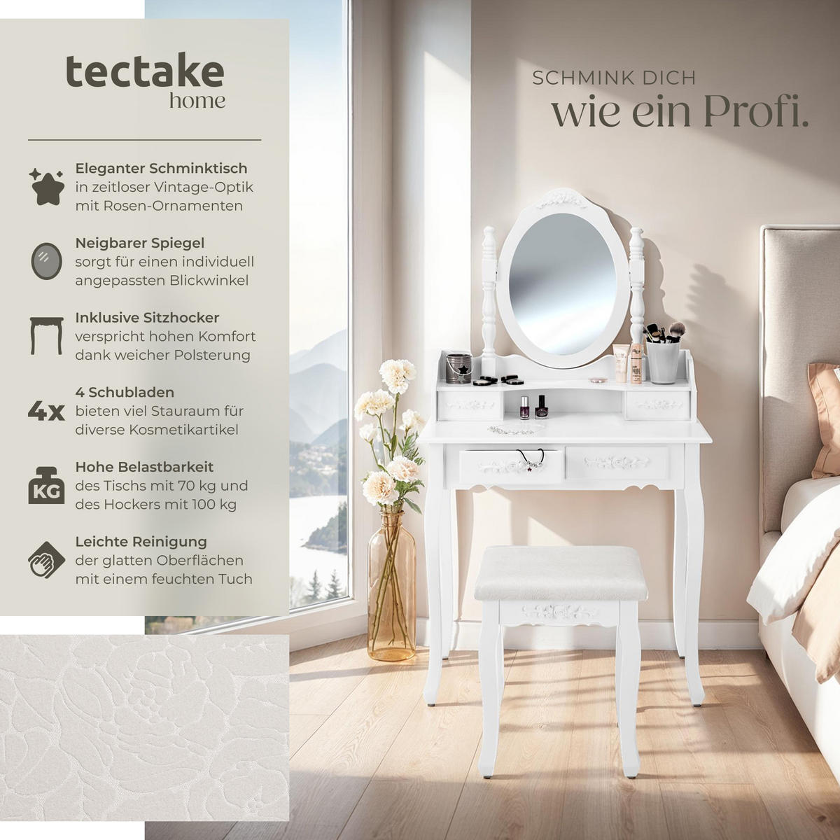 SCHMINKTISCH ,75 x 40 x 143 cm,weiß - Weiß, Holz (40/143/75cm) - tectake