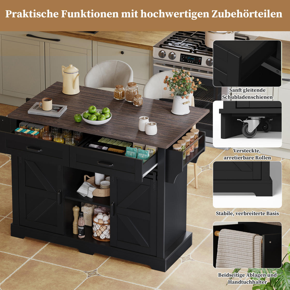 KÜCHENINSEL 120/45(70)/91 cm in Schwarz mit klappbarer Platte und Rollen - Schwarz, Holzwerkstoff (120/91/70cm) - Flora Grace