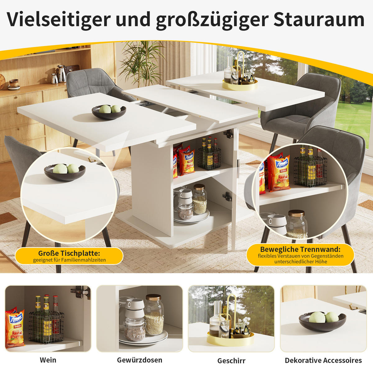 AUSZIEHBARER Esstisch aus MDF mit Ablage & Glas-Türen, 110–140/80/76 cm, Weiß - Weiß, Holzwerkstoff (140/80/76cm) - Redom