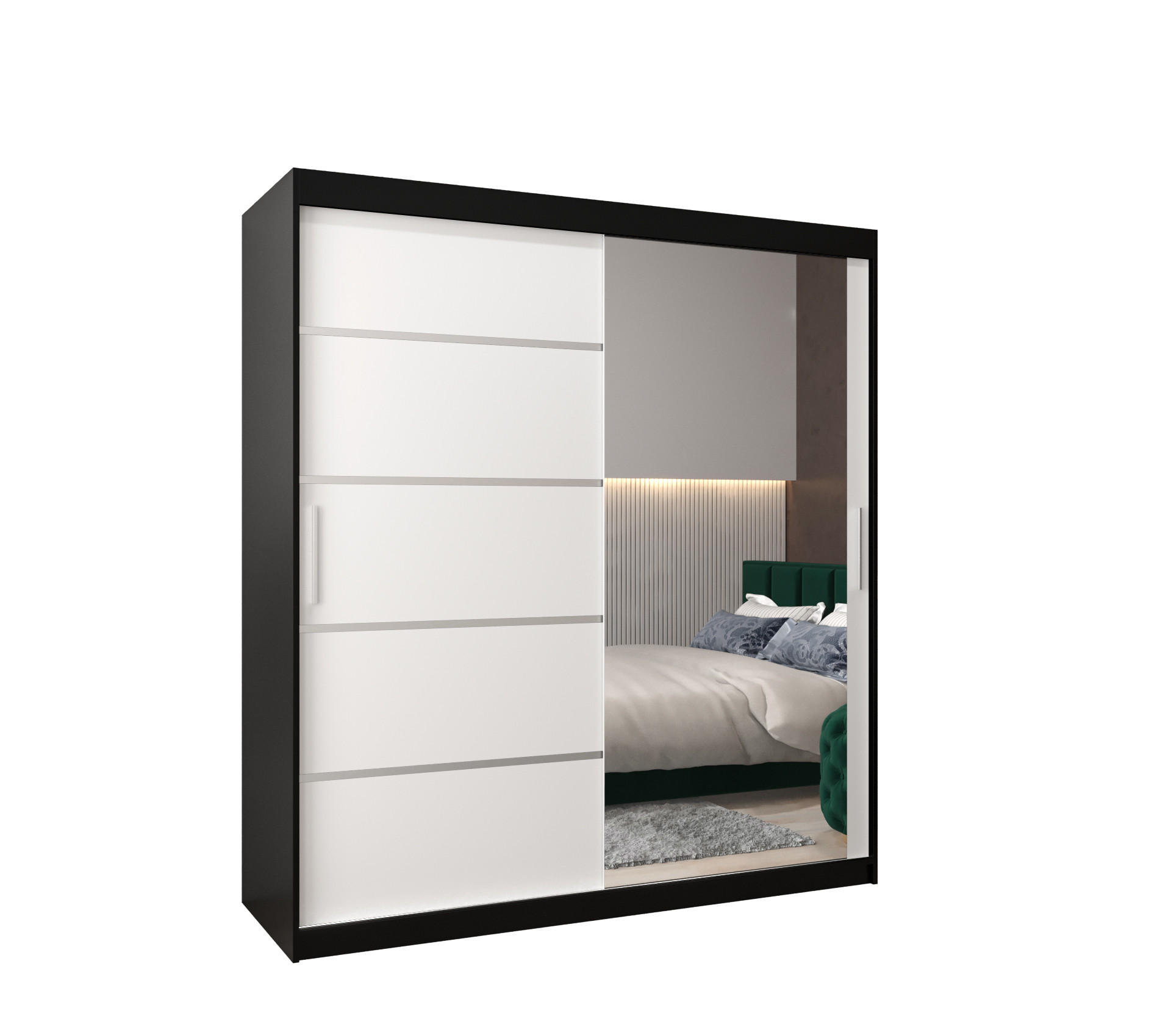 MÖBEL KRYSPOL SCHWEBETÜRENSCHRANK Schwarz, Weiß, Silber 180cm × 62cm × 200cm