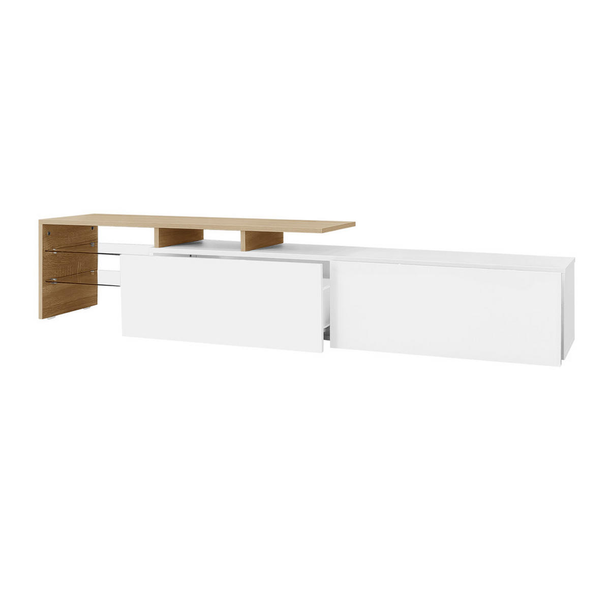 TV-SCHRANK Modern Hochglanzweiß Holzoptik Glasböden LED-Beleuchtung - Weiß, Holz (42.19/18.42/143cm) - FLIEKS