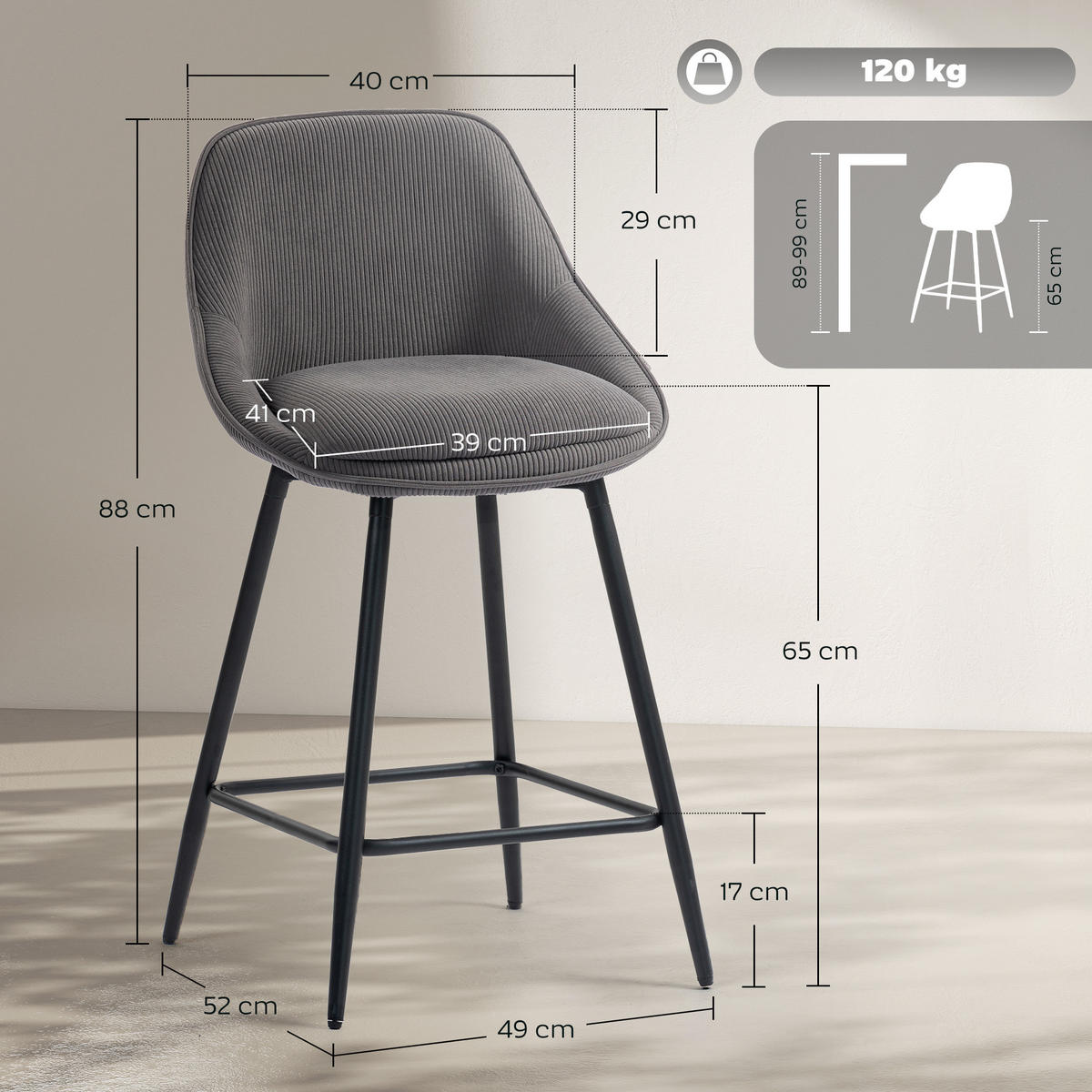 BARHOCKER 2er Set mit Fußstütze Rückenlehne Kord-Optik Grau - Schwarz/Grau, Textil (49/88/52cm) - HOMCOM