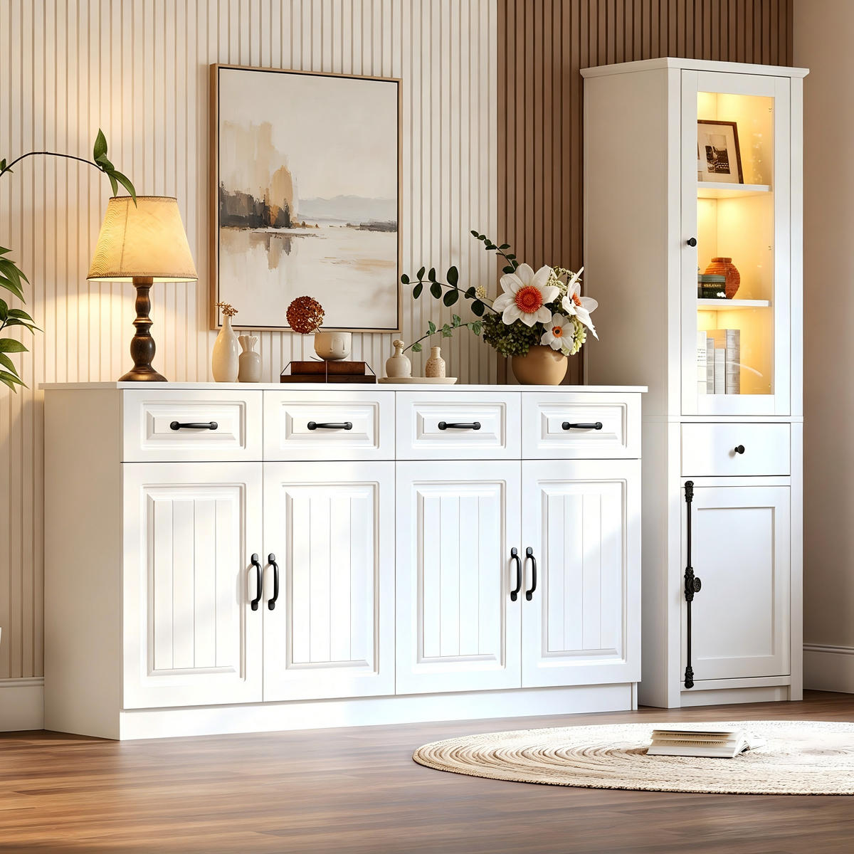 SCHRANK SET 2teilig Vitrine Weiß MDF Aufbewahrungsschrank - Weiß, Holzwerkstoff (160/80/35cm) - FLIEKS