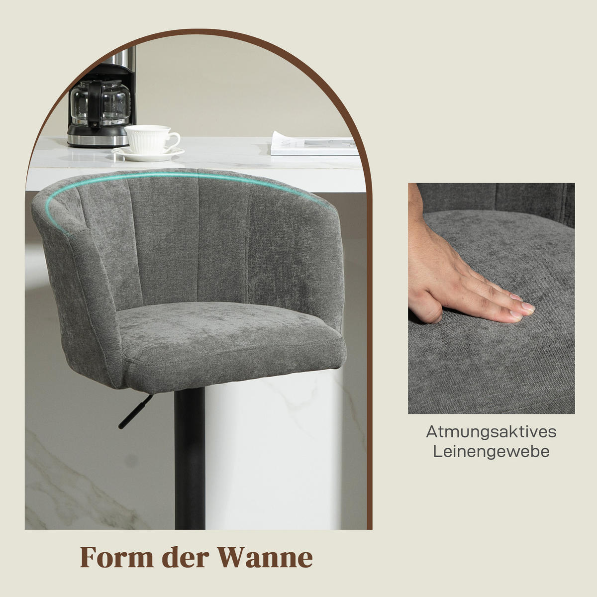 2ER-SET Barhocker, Bistrohocker mit Fußstütze, Drehbar Barstuhl Höhenverstellbar - Dunkelgrau/Schwarz, Kunststoff/Textil (53/110/59cm) - HOMCOM