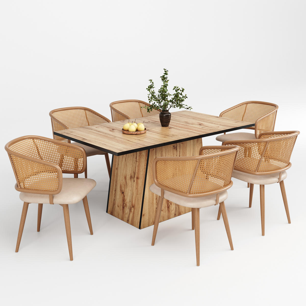 ESSZIMMERSTUHL 2-Tlg Rattan Rückenlehne, PU Leder Sitz, Beige - Braun, Metall (47/79/51cm) - FLIEKS