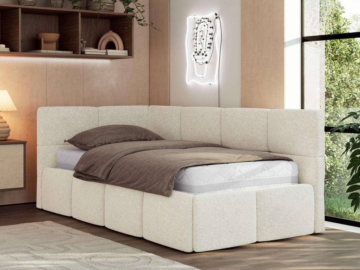 JUGENDBETT ARVO 90/200 - Creme Strukture - Multipocket-Matratze - Links Seite - Creme, Textil (90/200cm) - MKS