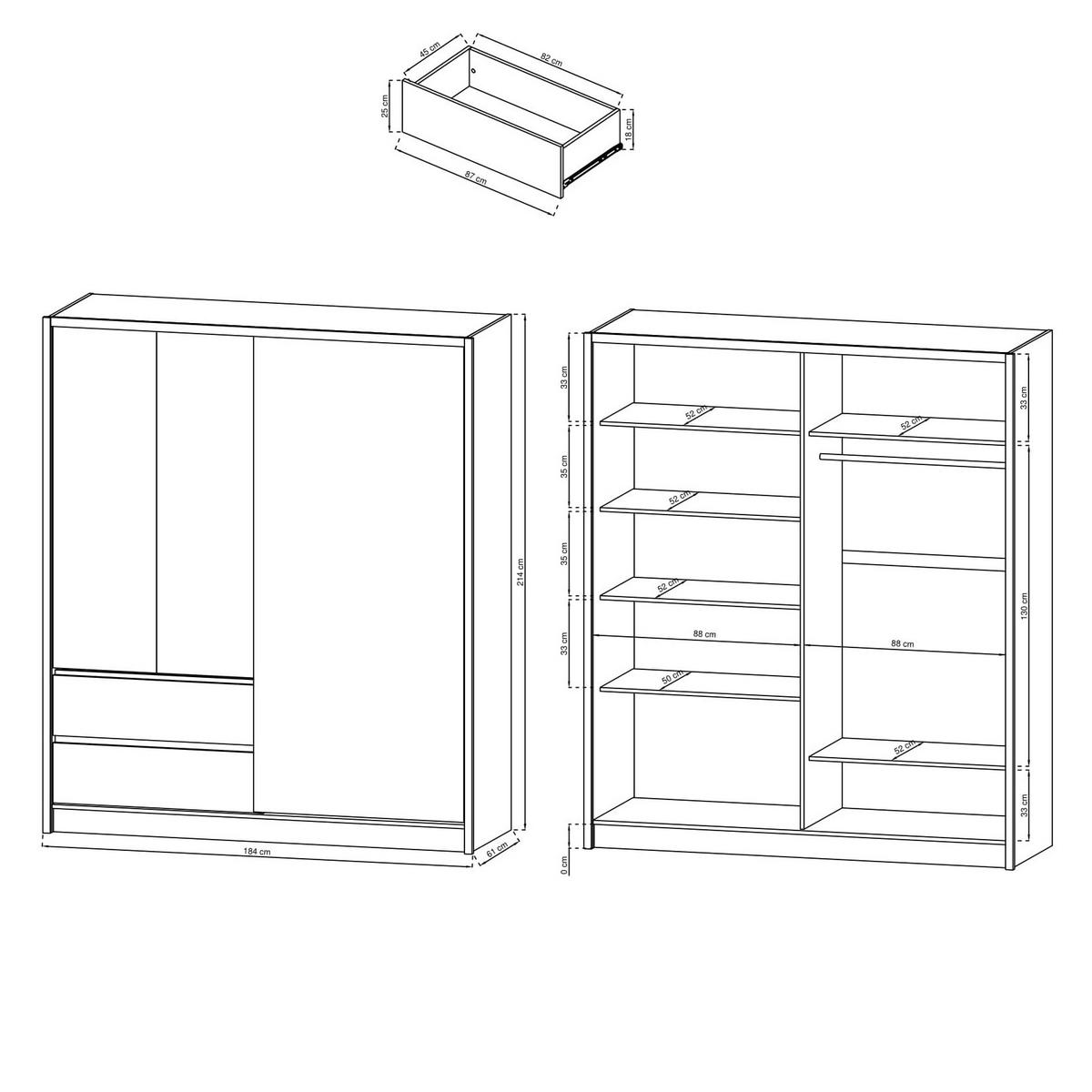SCHWEBETÜRENSCHRANK SABRINA 184/214/62 cm 3-türig mit Spiegel Weiß - Eiche Artisan/Weiß, Holzwerkstoff (184/214/62cm) - MASSENO