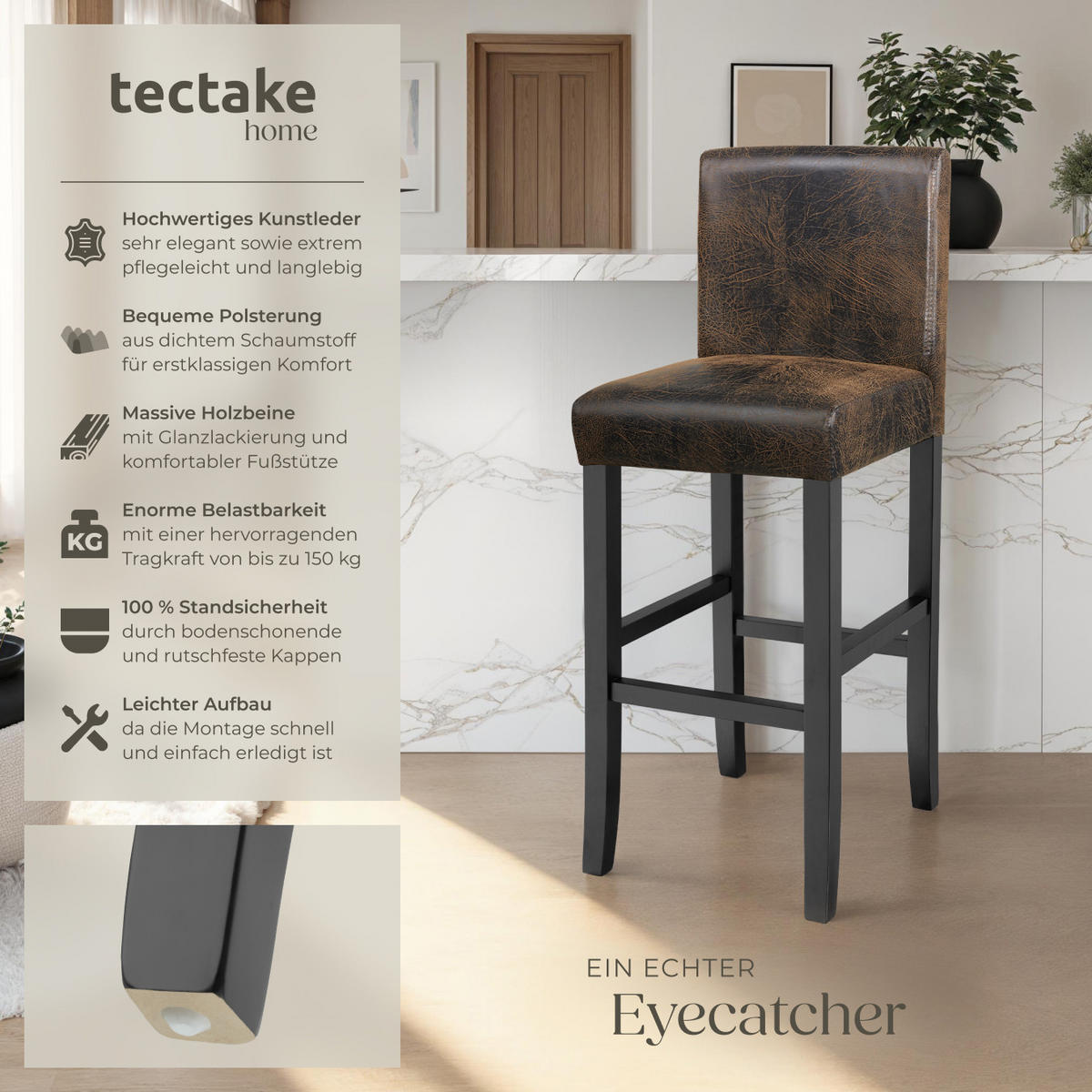 BARHOCKER 6er Set Kunstleder, Sitzhöhe 76 cm,antikbraun - Anthrazit/Braun, Holz (40/107/41cm) - tectake