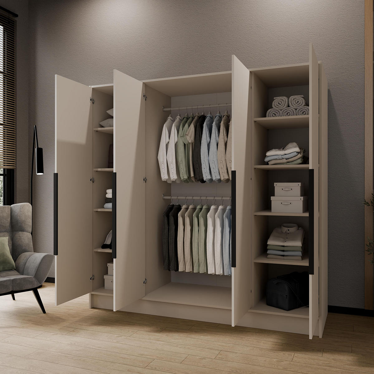 KLEIDERSCHRANK Mono Bis im Skandi-Stil, Drehtüren mit Schwarze Metallgriffe, Kaschmir 200/200/51 cm - Kaschmir, Holzwerkstoff (200/200/51cm) - WFL GROUP