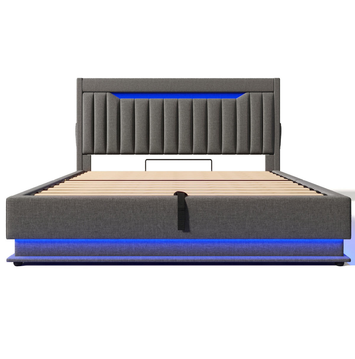 POLSTERBETT aus Leinen 160x200 cm Grau mit Bettkasten, LED-Beleuchtung und USB-/Typ-C-Anschlüssen - Grau, Textil (160/200cm) - IVMEU
