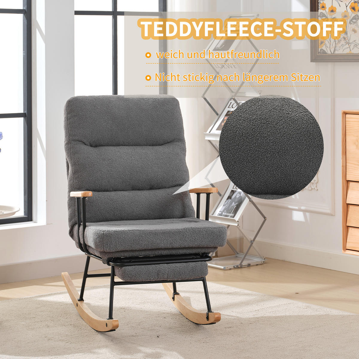 SCHAUKELSESSEL Teddy-Stoff mit Schwerkraftverstellung, Fußstütze 102/63,5/100 cm Grau - Grau, Textil (63.5/100/102cm) - Redom