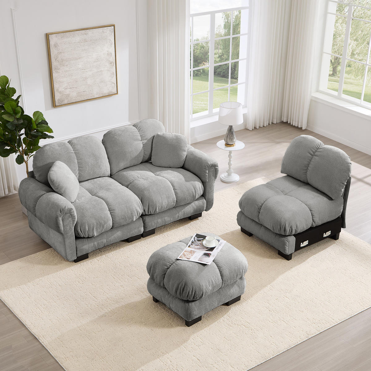 ECKSOFA 260/149/90 cm Hellgrau Cord mit mobiler Ottomane und 2 kleinen Dekokissen - Hellgrau, Textil (260/149cm) - Oxeza