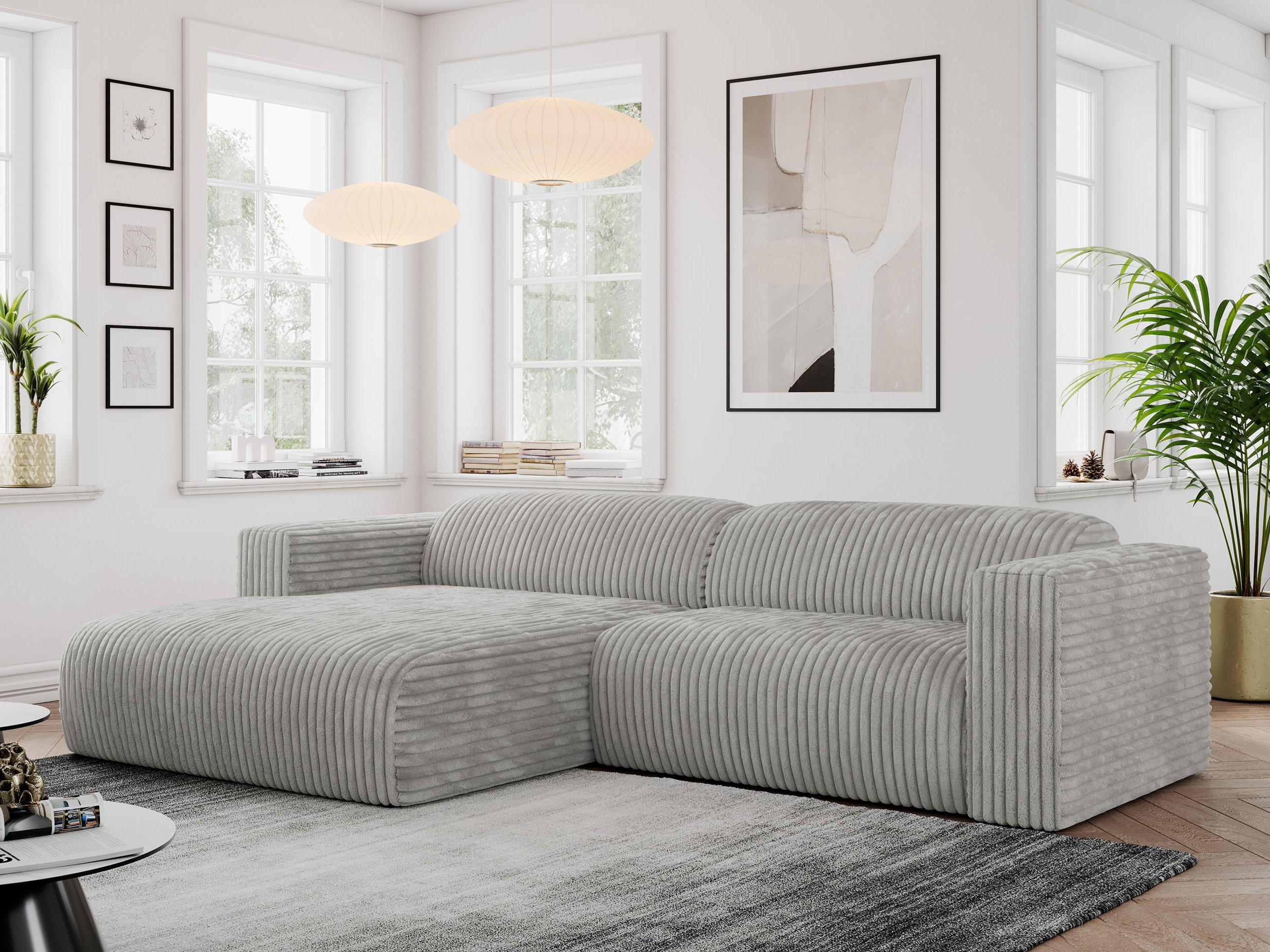 ECKSOFA PASADENA Hellgrau Cord - Links Seite - Hellgrau/Schwarz, Kunststoff/Textil (288/180cm) - MKS