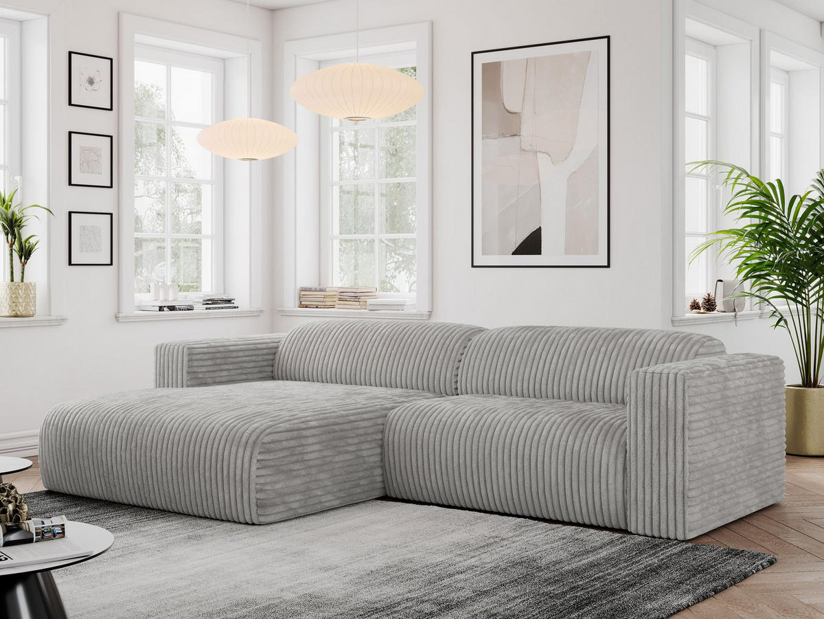 ECKSOFA PASADENA Hellgrau Cord - Links Seite - Hellgrau/Schwarz, Kunststoff/Textil (288/180cm) - MKS