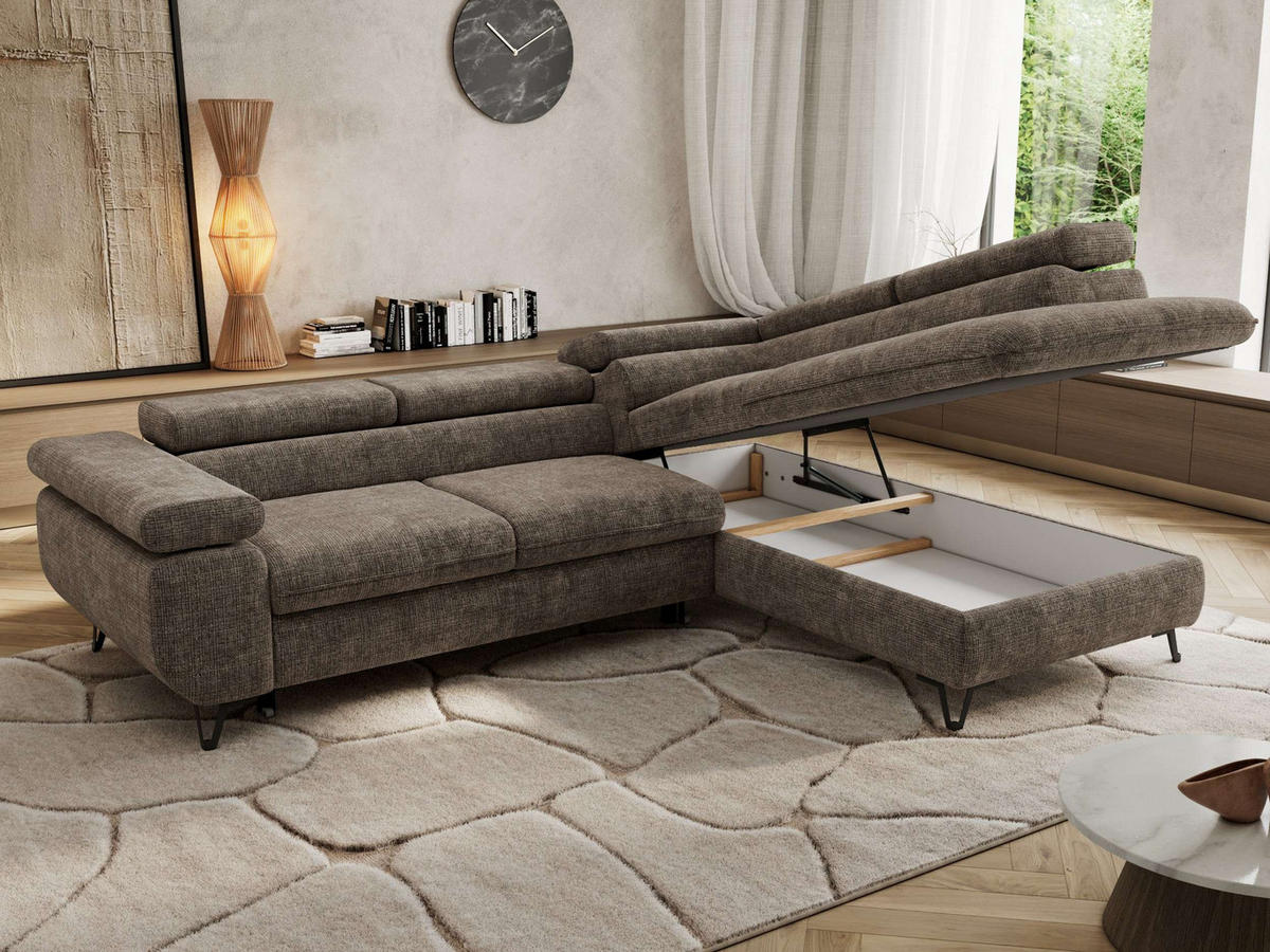 ECKSOFA PABLO L Braun Schenille grob gewebt - Rechts Seite mit T25 Topper - Schwarz/Braun, Textil/Metall (273/208cm) - MKS