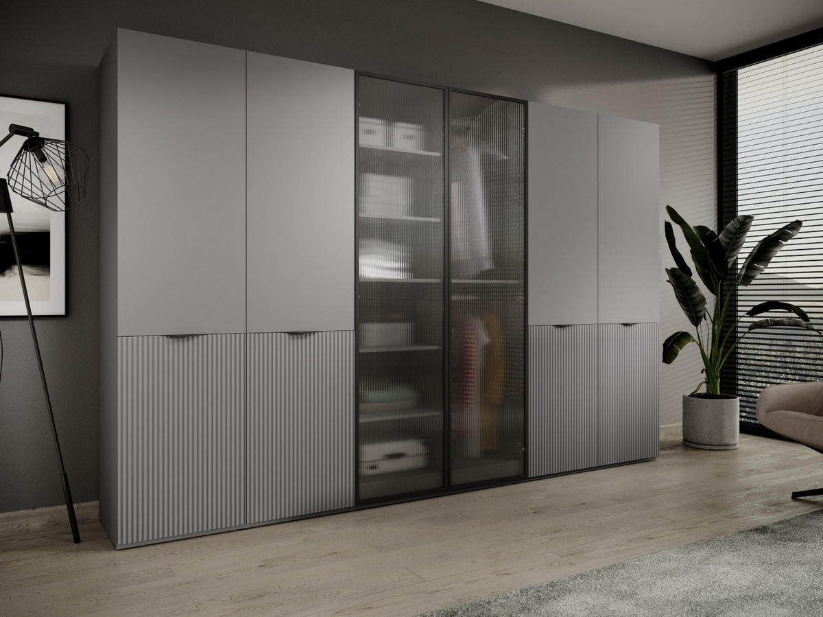 DREHTÜRENSCHRANK ATELIO 303/200/51 cm Modern Kleiderschrank 6-türig Grau - Grau, Holzwerkstoff (303/200/51cm) - MASSENO