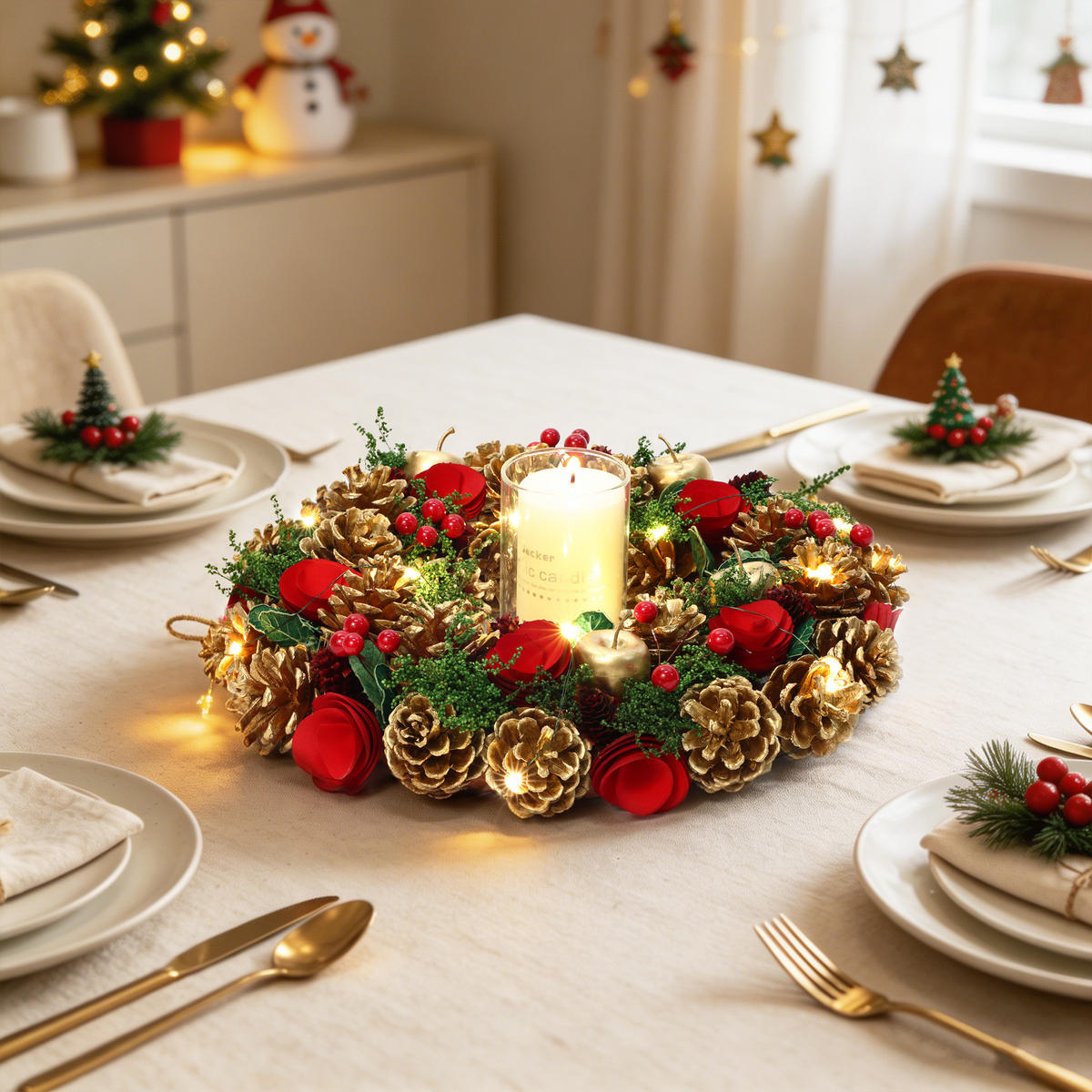 WEIHNACHTSKRANZ mit 15 LEDs, Timer, Zapfen & Blüten - Dunkelgrün, Naturmaterialien (34cm) - Hometopia