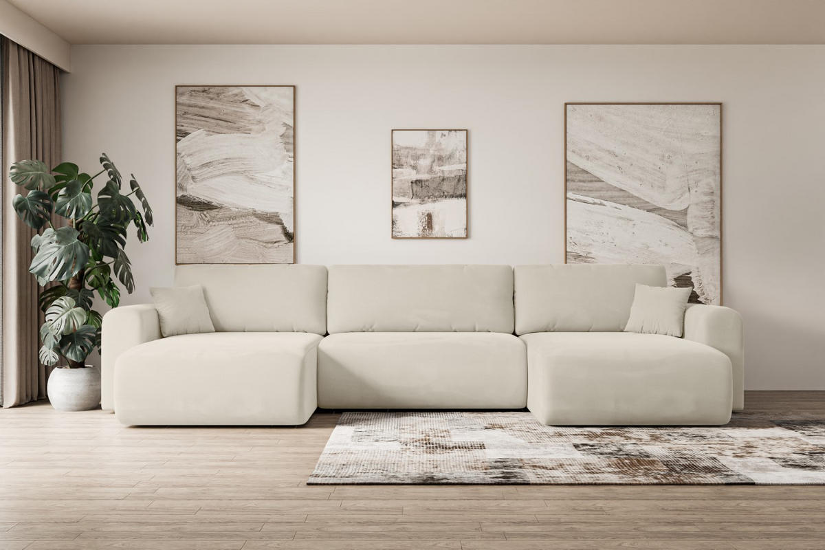 WOHNLANDSCHAFT mit Schlaffunktion und Bettkasten ORRO-U - 362x145x83 cm Beige Velours - Beige/Creme, Holzwerkstoff/Kunststoff (362/83/145cm) - ALTDECOR